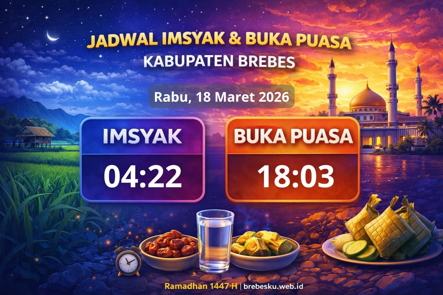 Ilustrasi jadwal imsak dan buka puasa Brebes Ramadan 1447 Hijriah