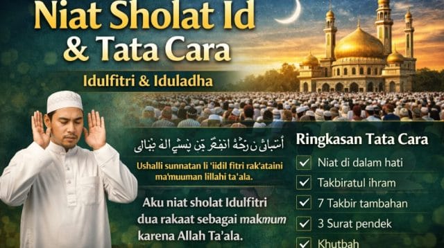 Ilustrasi jamaah melaksanakan sholat Idulfitri berjamaah di lapangan terbuka