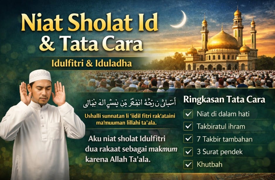 Ilustrasi jamaah melaksanakan sholat Idulfitri berjamaah di lapangan terbuka