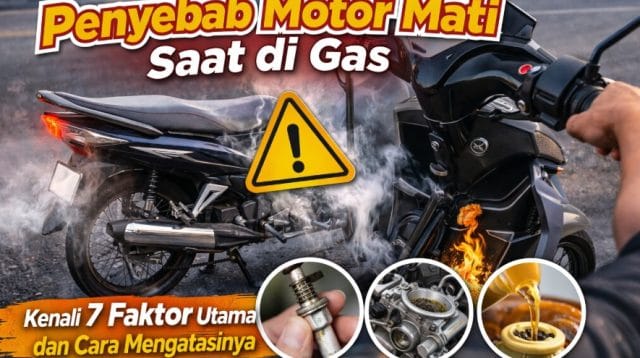 Ilustrasi pengendara memeriksa mesin motor yang mati saat di gas