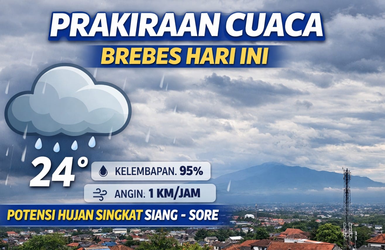 Awan mendung menyelimuti langit Brebes saat prakiraan hujan singkat siang hari