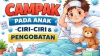 Ilustrasi campak pada anak dengan ruam merah khas yang menyebar dari wajah ke seluruh tubuh sebagai gejala utama penyakit