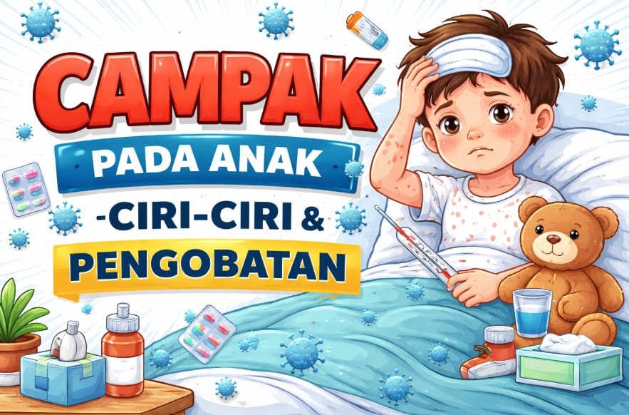 Ilustrasi campak pada anak dengan ruam merah khas yang menyebar dari wajah ke seluruh tubuh sebagai gejala utama penyakit