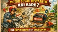 Ilustrasi motor susah distarter aki baru dengan berbagai kemungkinan penyebab dari sistem starter hingga masalah pengapian