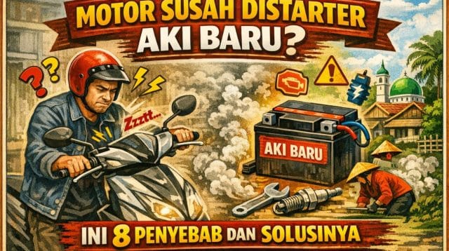 Ilustrasi motor susah distarter aki baru dengan berbagai kemungkinan penyebab dari sistem starter hingga masalah pengapian