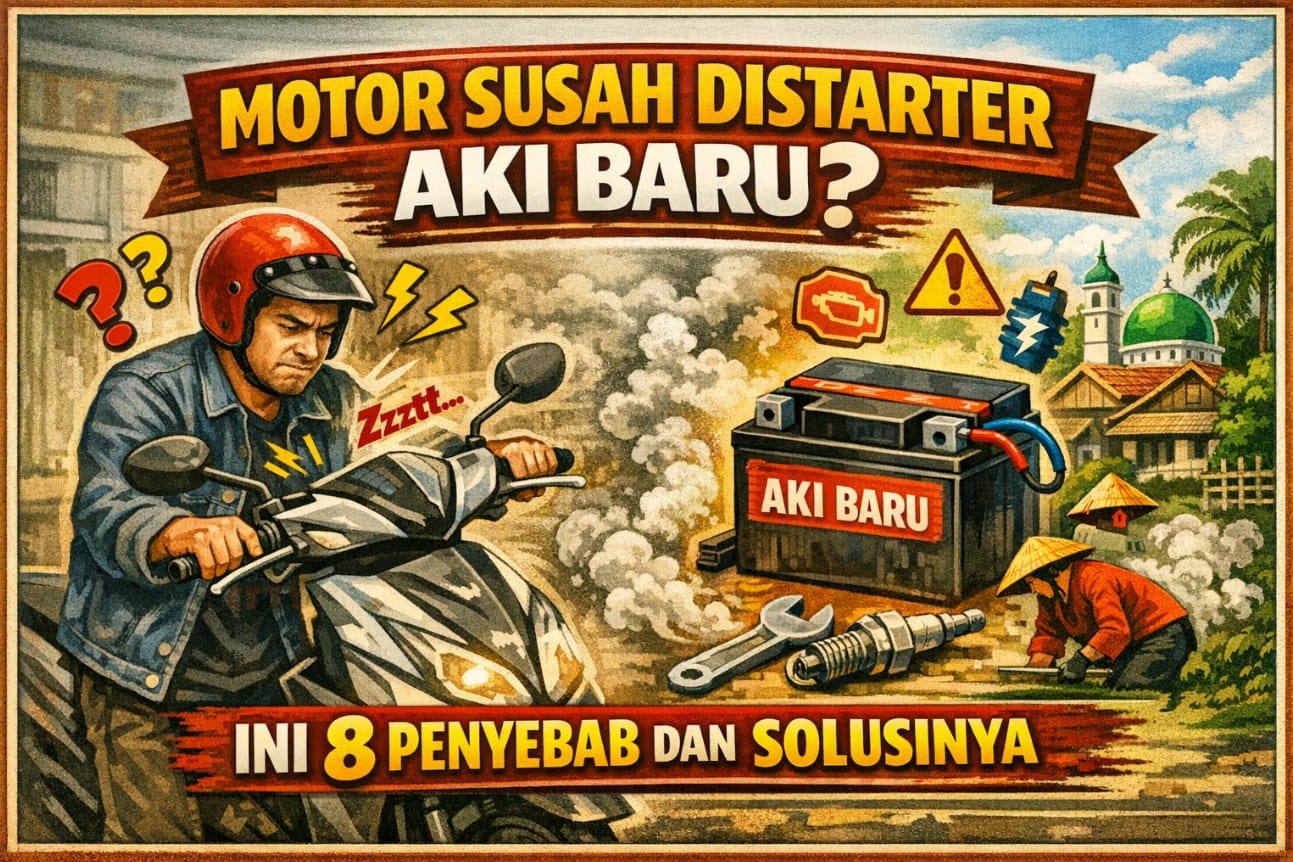 Ilustrasi motor susah distarter aki baru dengan berbagai kemungkinan penyebab dari sistem starter hingga masalah pengapian